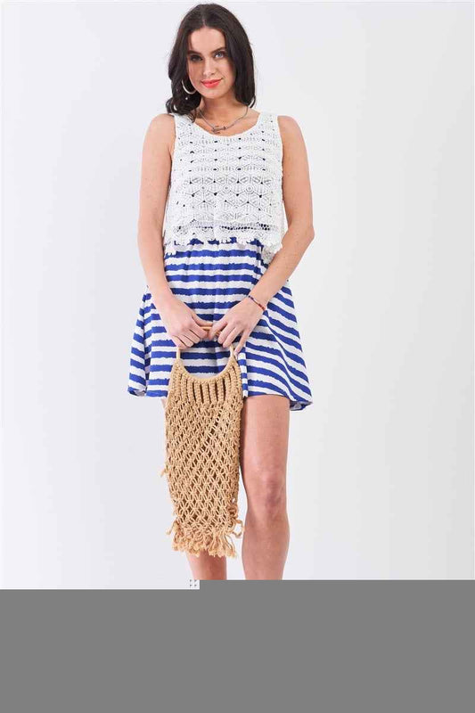 White & Navy Horizontal Striped Round Neck Sleeveless Floral Embroidery Layered Top Mini Dress