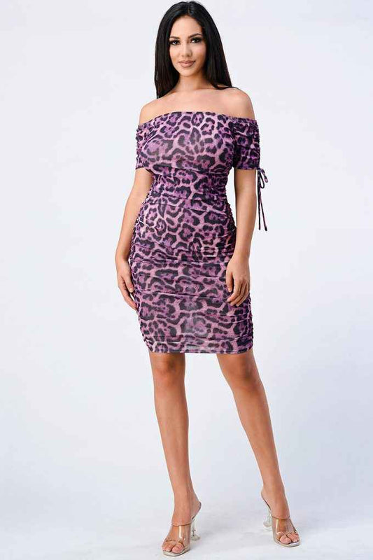 Leopard Print Off Shoulder Shirring Bodycon Dress
