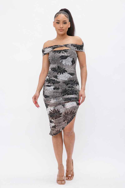 Printed Mesh Off Shoulder Dress