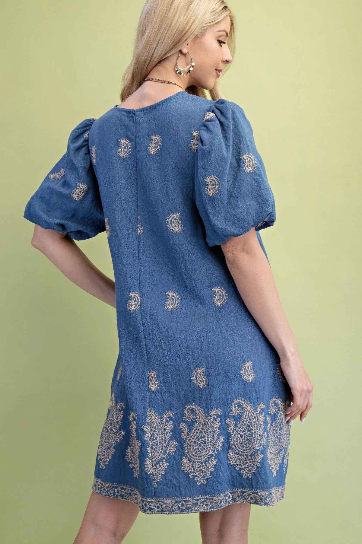 Paisley Embroidered Round Neck Mini Dress With Short Puff Sleeves