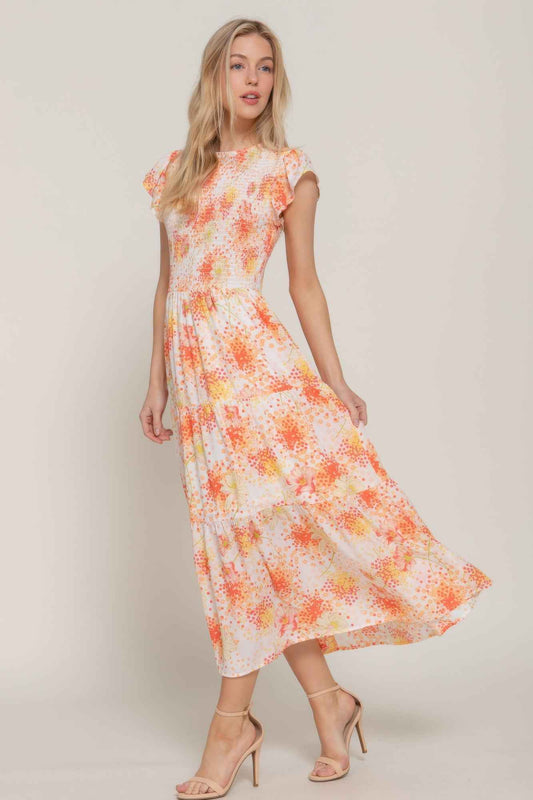 Ruffl Slv Smocked Floral Print Dresss