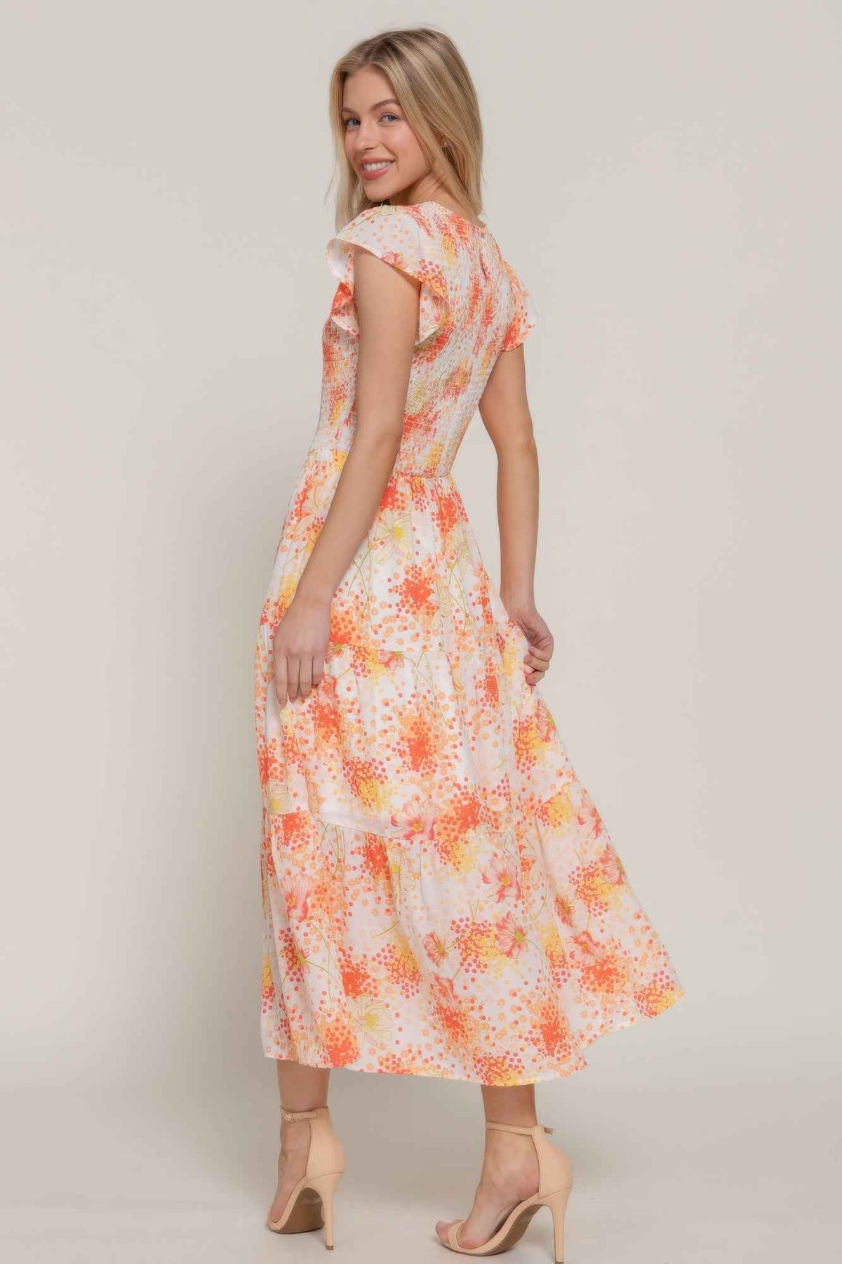 Ruffl Slv Smocked Floral Print Dresss