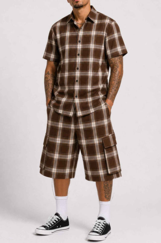 Mens Checkered Shirt And Cargo Shorts Set